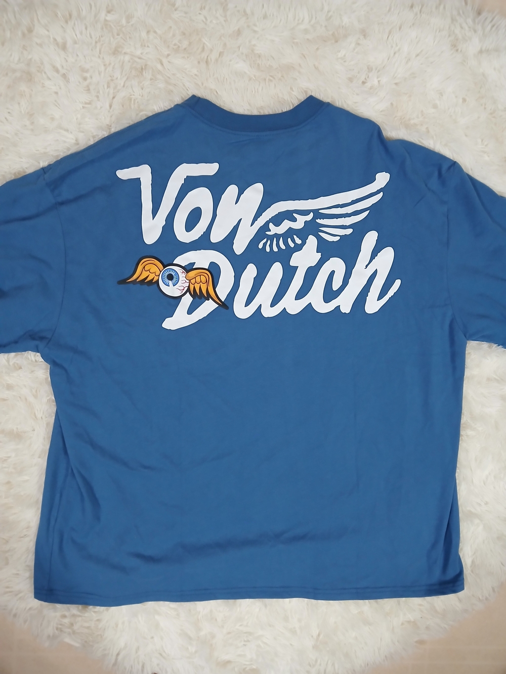 Von Dutch Blue Tee with White Logo and Gold Wing Accent